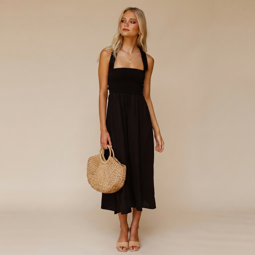 Lena - Elegant Square Neck Midi Dress