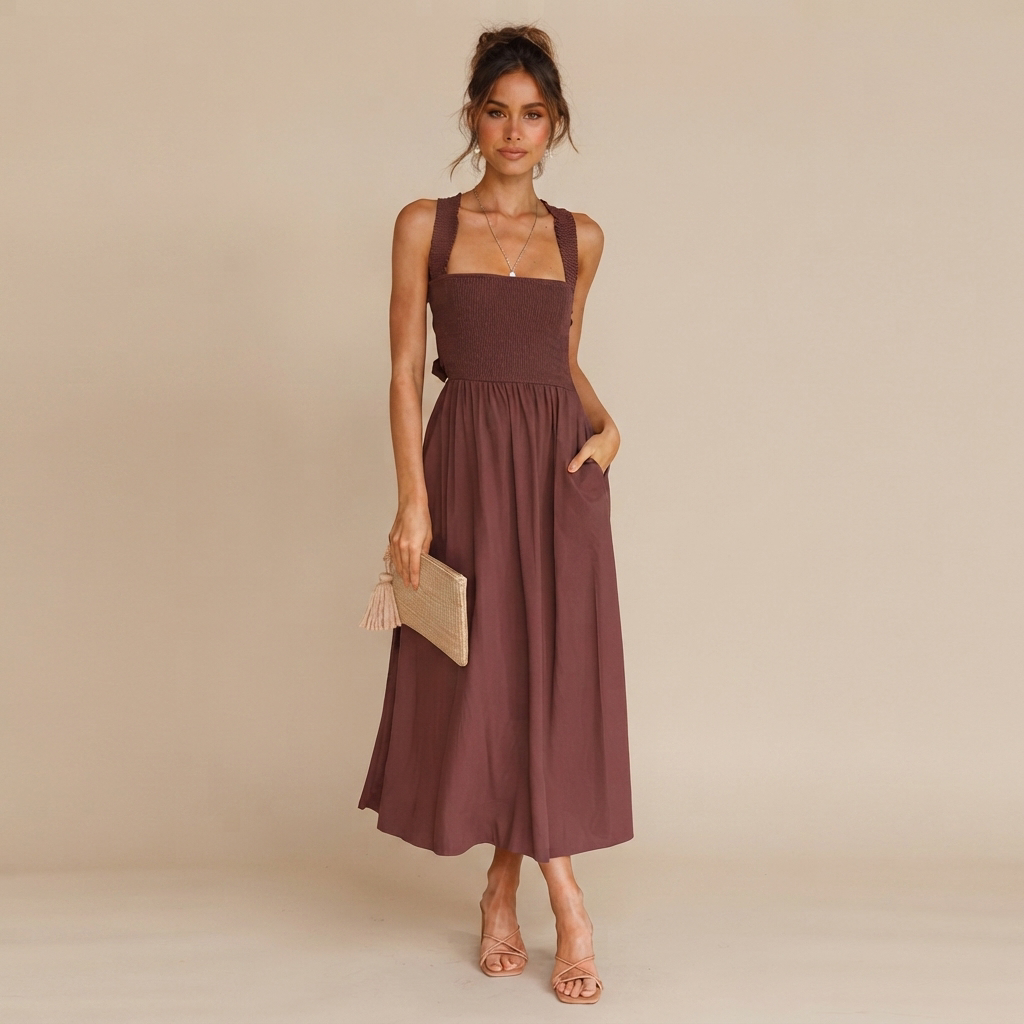 Lena - Elegant Square Neck Midi Dress