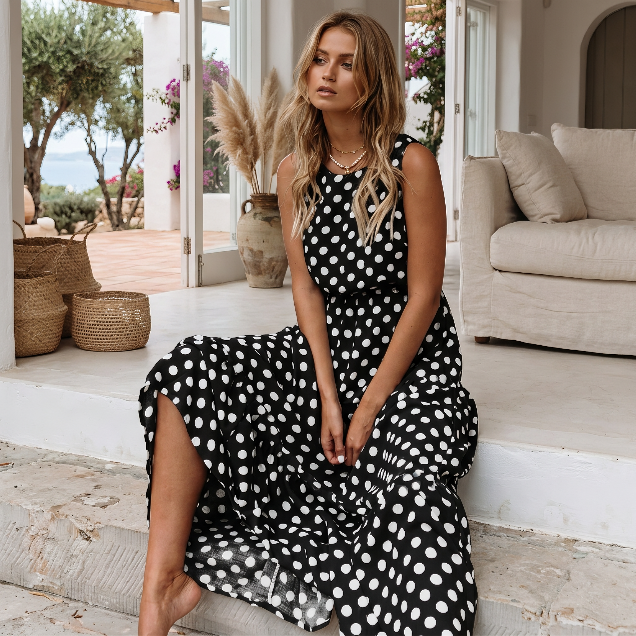 Edith - Loose Sleeveless Polka Dot Dress